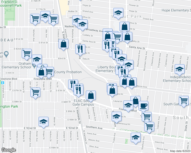 map of restaurants, bars, coffee shops, grocery stores, and more near 8545 Santa Fe Avenue in Huntington Park