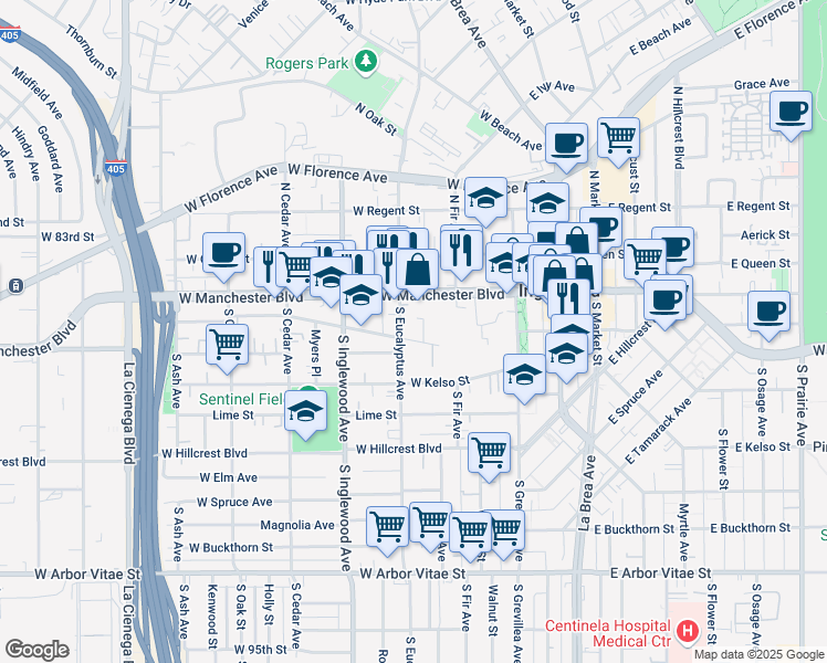 map of restaurants, bars, coffee shops, grocery stores, and more near 236 West Olive Street in Inglewood