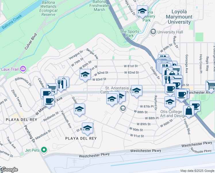 map of restaurants, bars, coffee shops, grocery stores, and more near 7525 West Manchester Avenue in Los Angeles