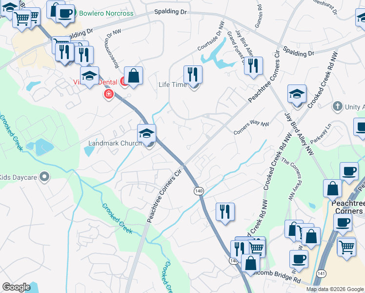 map of restaurants, bars, coffee shops, grocery stores, and more near 6321 Forest Hills Drive in Norcross
