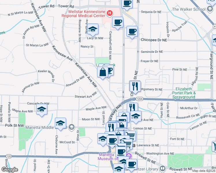 map of restaurants, bars, coffee shops, grocery stores, and more near 336 Campbell Hill Street Northwest in Marietta