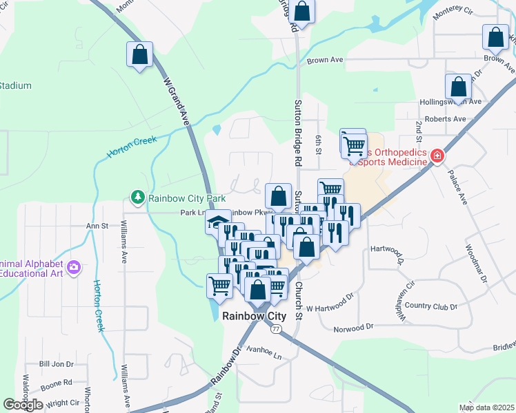 map of restaurants, bars, coffee shops, grocery stores, and more near 3414 Rainbow Parkway in Rainbow City