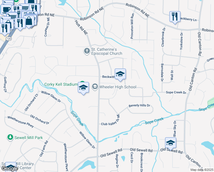 map of restaurants, bars, coffee shops, grocery stores, and more near 380 Holt Road Northeast in Marietta