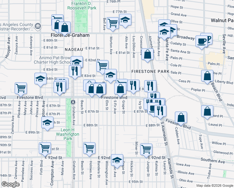 map of restaurants, bars, coffee shops, grocery stores, and more near 8518 South Fir Avenue in Los Angeles