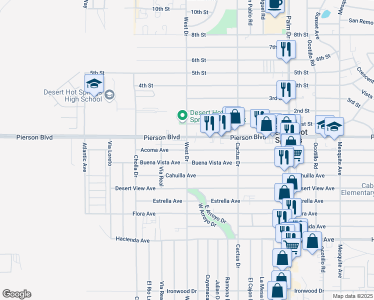 map of restaurants, bars, coffee shops, grocery stores, and more near Acoma Avenue in Desert Hot Springs