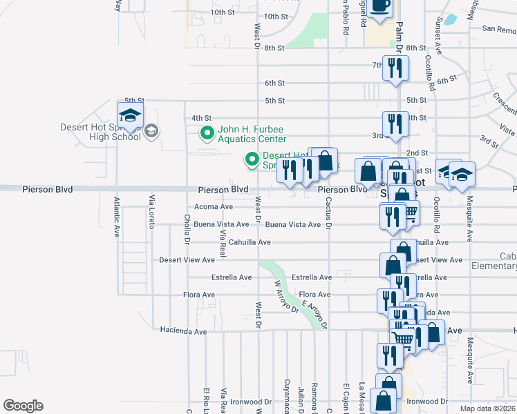 map of restaurants, bars, coffee shops, grocery stores, and more near Acoma Avenue in Desert Hot Springs