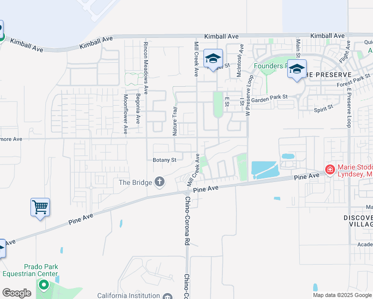 map of restaurants, bars, coffee shops, grocery stores, and more near 7858 Meridian Street in Chino