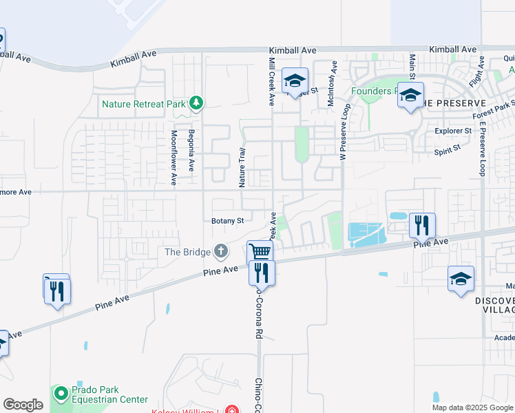 map of restaurants, bars, coffee shops, grocery stores, and more near 7858 Meridian Street in Chino