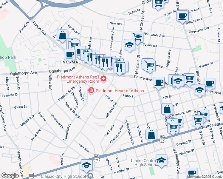 map of restaurants, bars, coffee shops, grocery stores, and more near 749 Cobb Street in Athens