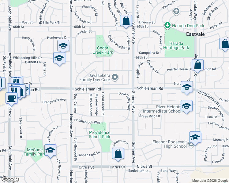 map of restaurants, bars, coffee shops, grocery stores, and more near 7040 Blackbird Lane in Corona