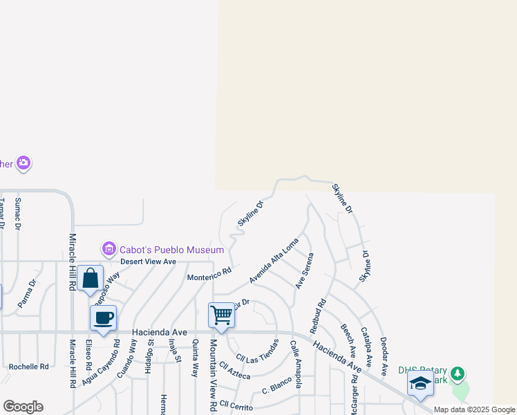 map of restaurants, bars, coffee shops, grocery stores, and more near Skyline Drive in Desert Hot Springs