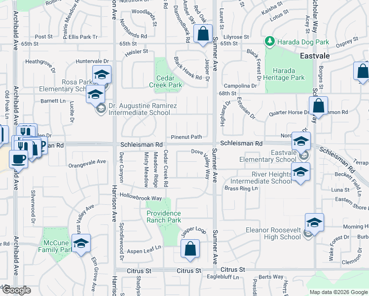 map of restaurants, bars, coffee shops, grocery stores, and more near 7018 Dove Valley Way in Corona