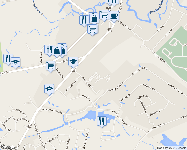 map of restaurants, bars, coffee shops, grocery stores, and more near 516 Sylvan Street in Shallotte