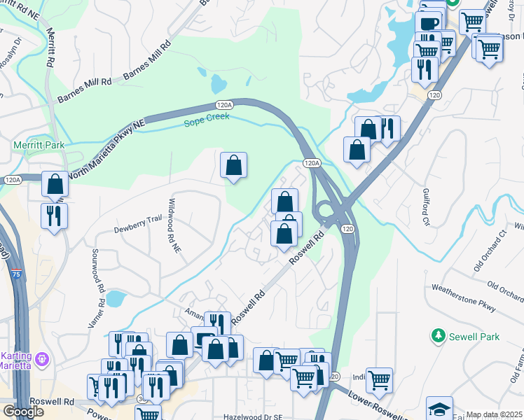 map of restaurants, bars, coffee shops, grocery stores, and more near 1805 Roswell Road in Marietta