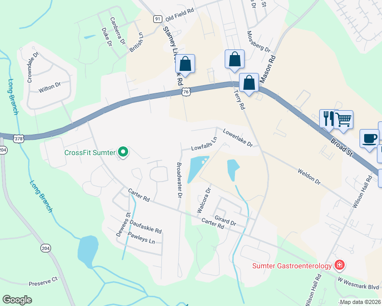 map of restaurants, bars, coffee shops, grocery stores, and more near 3080 Lowfalls Lane in Sumter