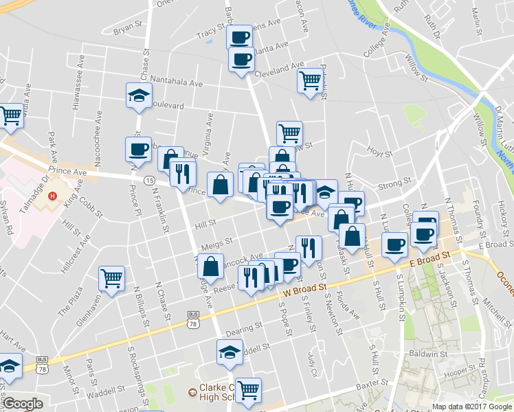 map of restaurants, bars, coffee shops, grocery stores, and more near 493 Prince Avenue in Athens