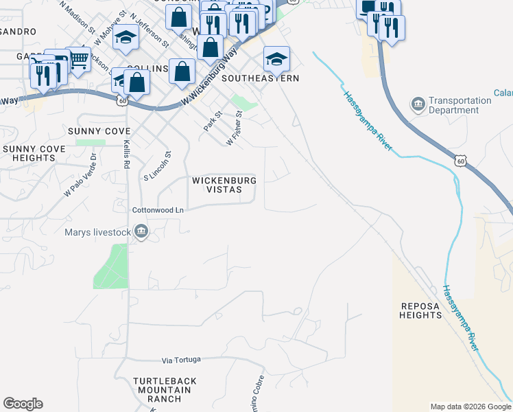 map of restaurants, bars, coffee shops, grocery stores, and more near 15 West Cottonwood Lane in Wickenburg