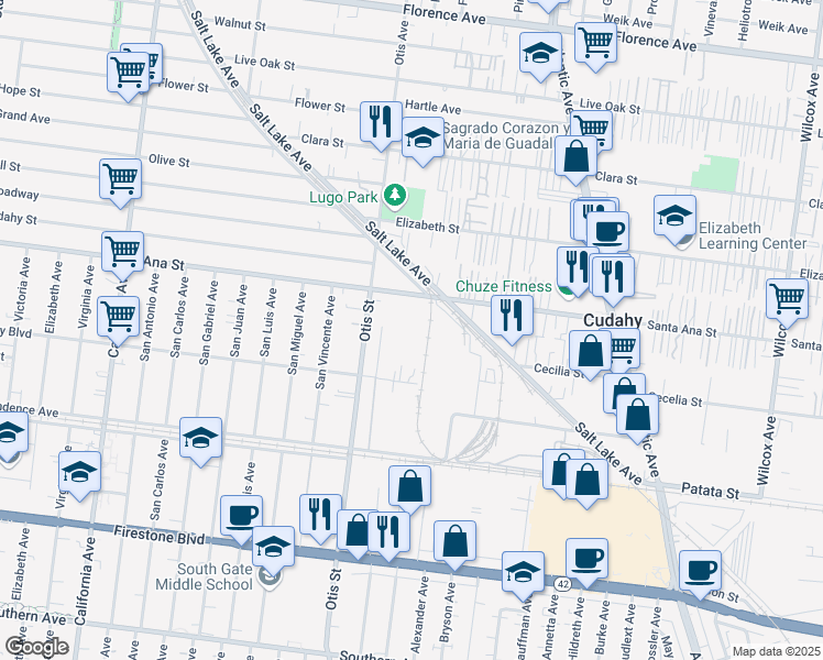 map of restaurants, bars, coffee shops, grocery stores, and more near 4224 Santa Ana Street in South Gate