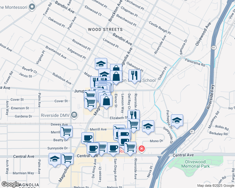 map of restaurants, bars, coffee shops, grocery stores, and more near 6014 Elenor Street in Riverside