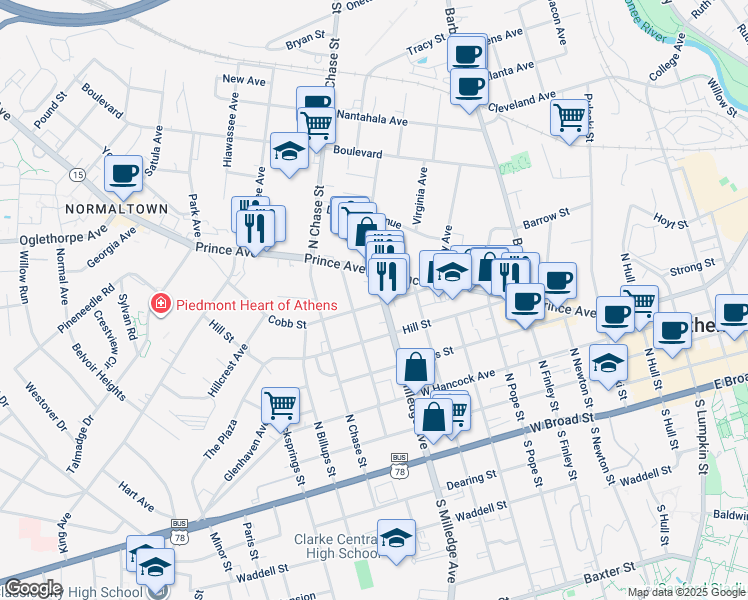 map of restaurants, bars, coffee shops, grocery stores, and more near 369 Cobb Street in Athens