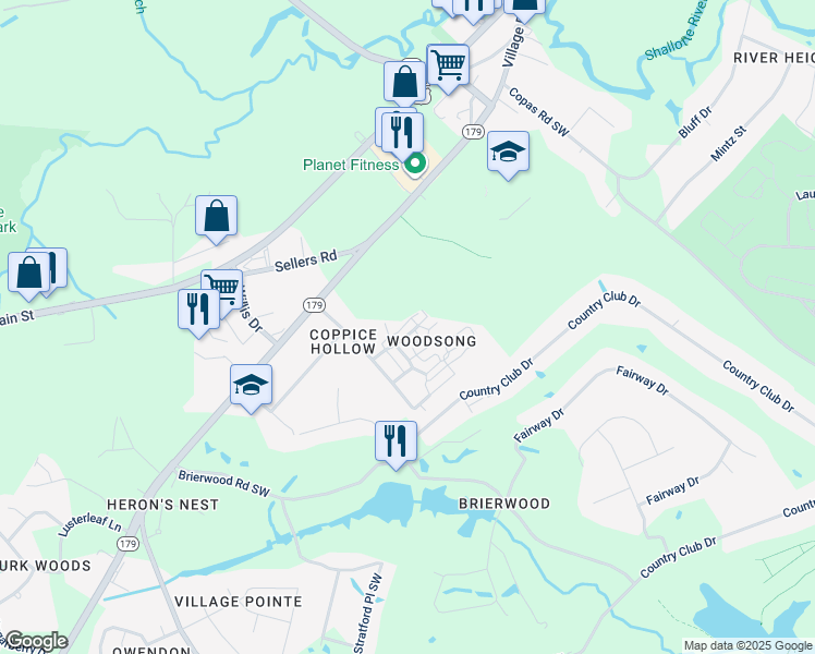 map of restaurants, bars, coffee shops, grocery stores, and more near 520 Sylvan Street in Shallotte