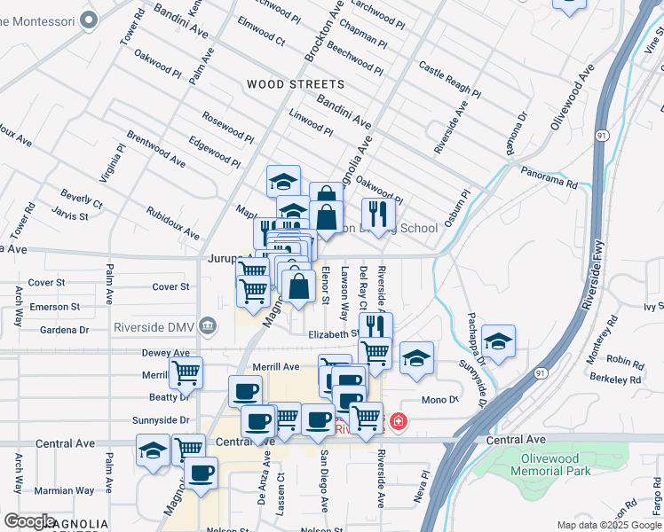 map of restaurants, bars, coffee shops, grocery stores, and more near 6014 Elenor Street in Riverside