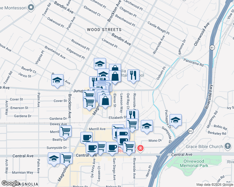 map of restaurants, bars, coffee shops, grocery stores, and more near 6045 Lawson Way in Riverside