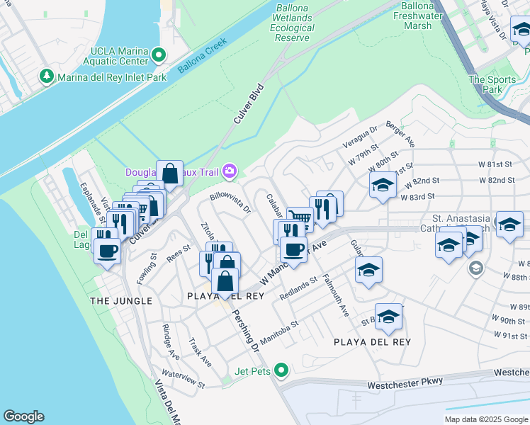 map of restaurants, bars, coffee shops, grocery stores, and more near 8204 Tuscany Avenue in Los Angeles