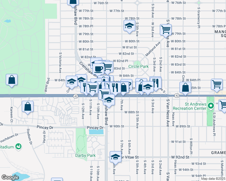 map of restaurants, bars, coffee shops, grocery stores, and more near in Inglewood