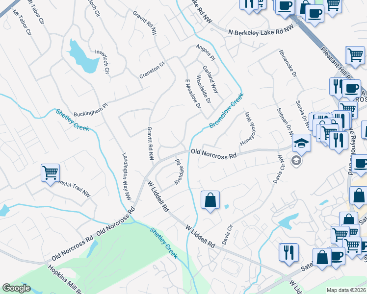 map of restaurants, bars, coffee shops, grocery stores, and more near 4105 Old Norcross Road in Duluth