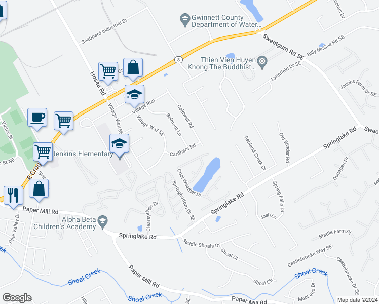 map of restaurants, bars, coffee shops, grocery stores, and more near 561 Carithers Road in Lawrenceville