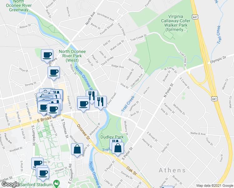 map of restaurants, bars, coffee shops, grocery stores, and more near 140 First Street in Athens