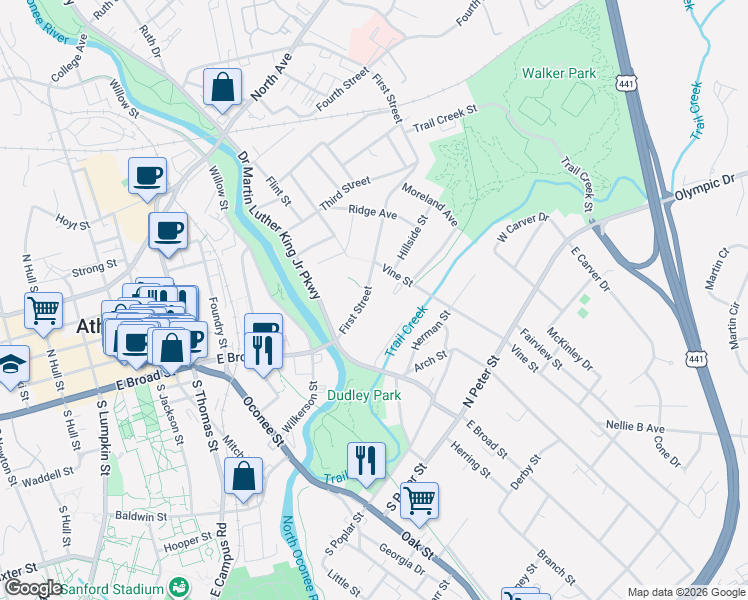 map of restaurants, bars, coffee shops, grocery stores, and more near 130 First Street in Athens