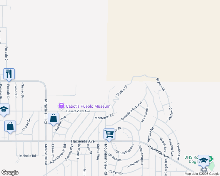 map of restaurants, bars, coffee shops, grocery stores, and more near 12115 Highland Avenue in Desert Hot Springs