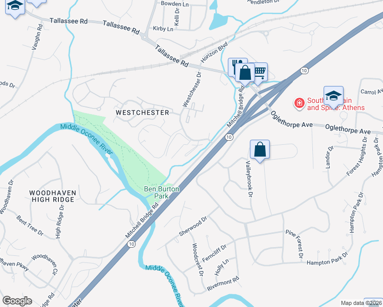 map of restaurants, bars, coffee shops, grocery stores, and more near 105 Westchester Drive in Athens