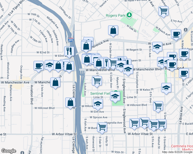 map of restaurants, bars, coffee shops, grocery stores, and more near 611 Nectarine Street in Inglewood