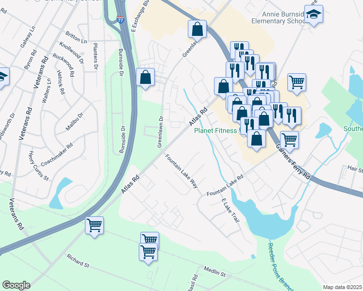 map of restaurants, bars, coffee shops, grocery stores, and more near 1030 Atlas Road in Columbia