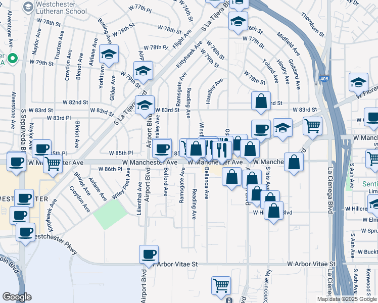 map of restaurants, bars, coffee shops, grocery stores, and more near 8517 Reading Avenue in Los Angeles