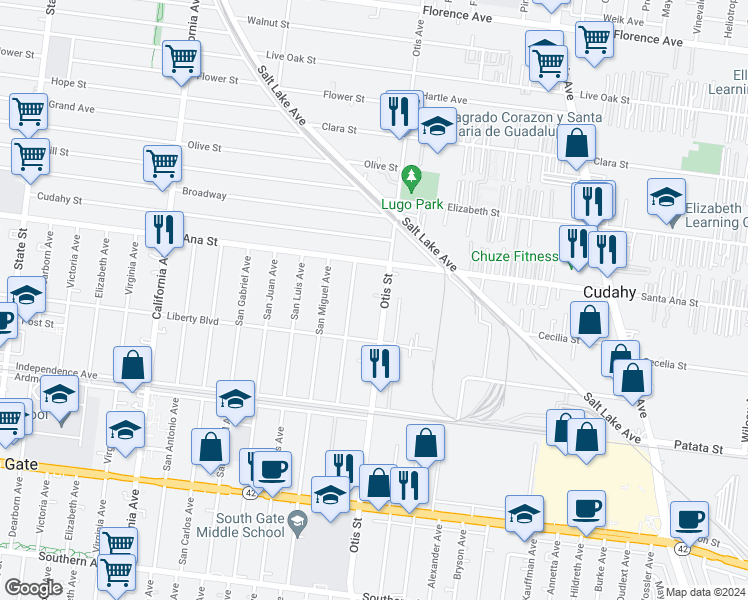 map of restaurants, bars, coffee shops, grocery stores, and more near 8163 Otis Street in South Gate