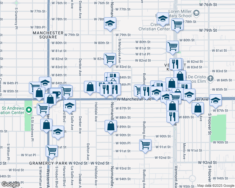 map of restaurants, bars, coffee shops, grocery stores, and more near 1327 West Manchester Avenue in Los Angeles