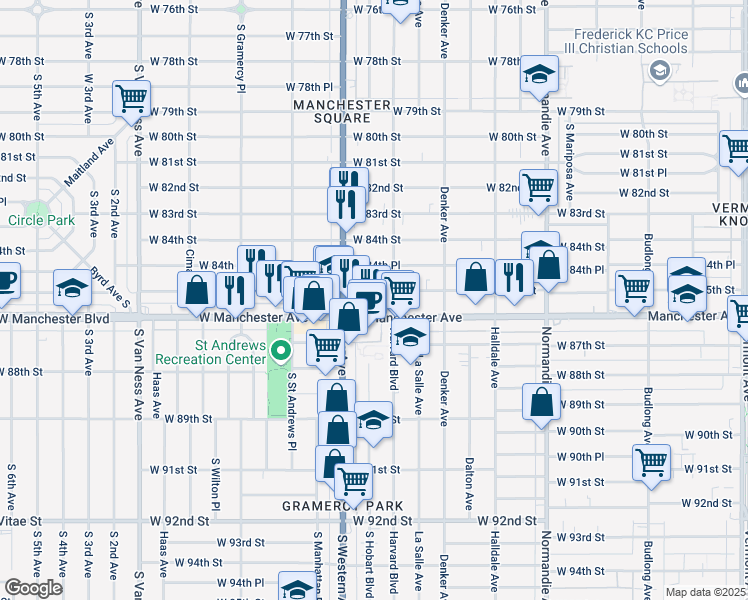 map of restaurants, bars, coffee shops, grocery stores, and more near 1735 West Manchester Avenue in Los Angeles