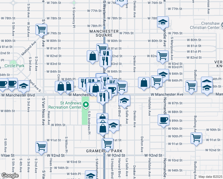 map of restaurants, bars, coffee shops, grocery stores, and more near 1735 West Manchester Avenue in Los Angeles