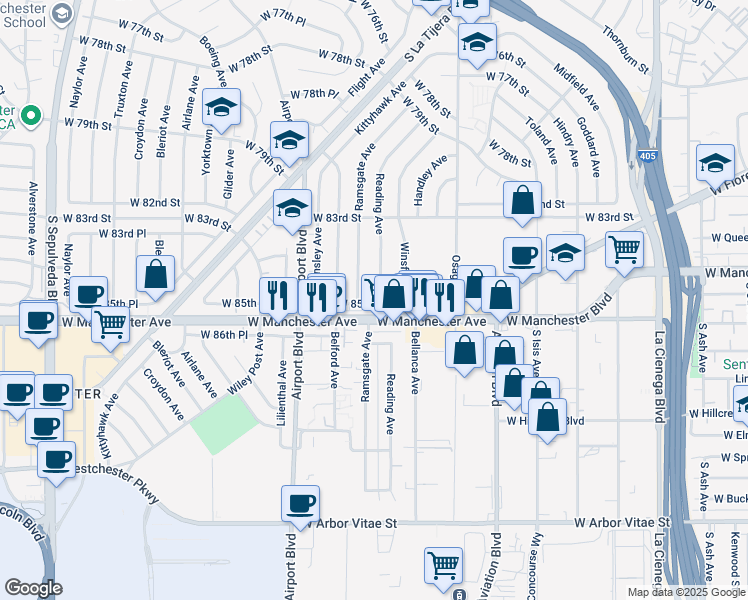 map of restaurants, bars, coffee shops, grocery stores, and more near 5815 West Manchester Avenue in Los Angeles