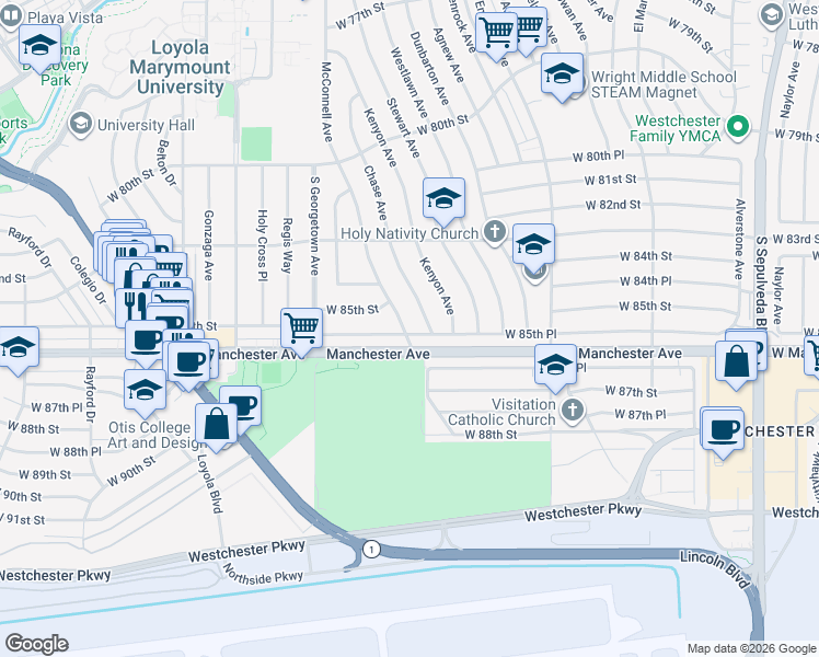 map of restaurants, bars, coffee shops, grocery stores, and more near 8551 McConnell Avenue in Los Angeles