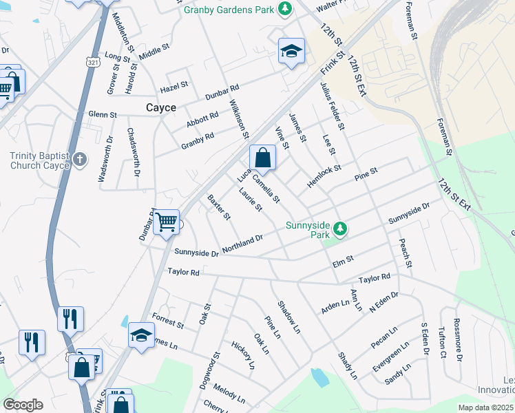 map of restaurants, bars, coffee shops, grocery stores, and more near 2342 Laurie Street in Cayce