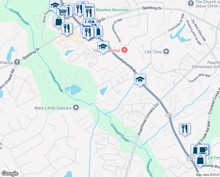 map of restaurants, bars, coffee shops, grocery stores, and more near 2100 Park Lake Lane in Peachtree Corners