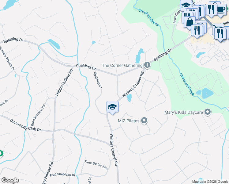 map of restaurants, bars, coffee shops, grocery stores, and more near 7600 Nesbit Ferry Road in Atlanta