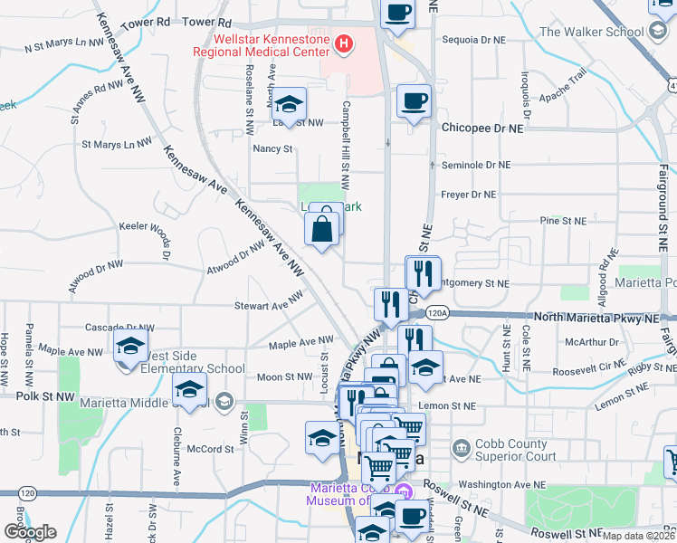 map of restaurants, bars, coffee shops, grocery stores, and more near 361 Campbell Hill Street Northwest in Marietta