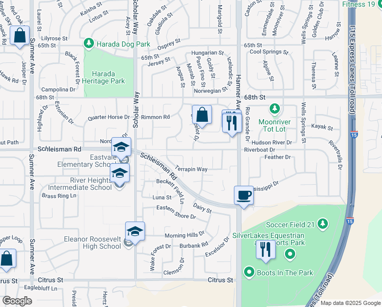 map of restaurants, bars, coffee shops, grocery stores, and more near 7021 Bethany Court in Corona