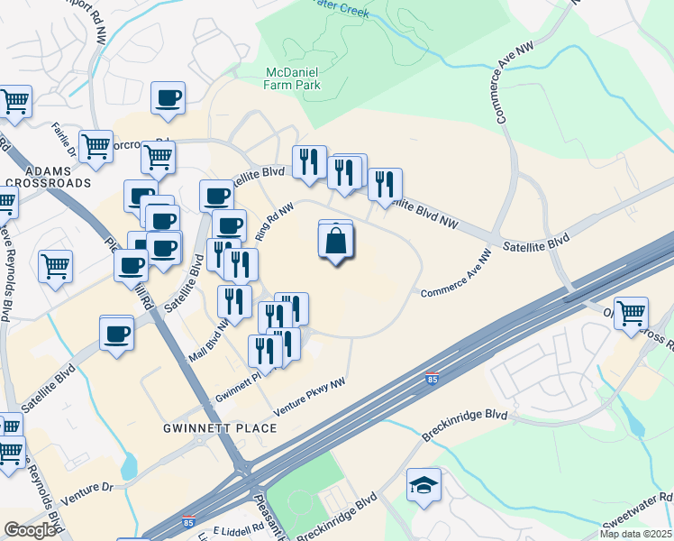 map of restaurants, bars, coffee shops, grocery stores, and more near 2100 Pleasant Hill Road in Duluth